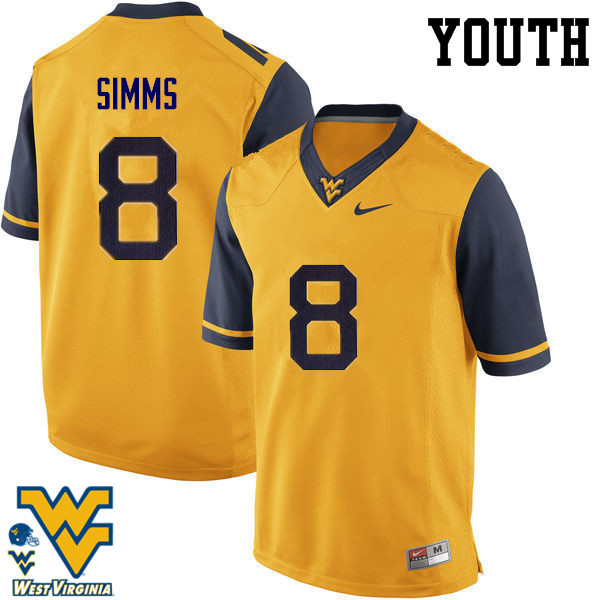 Youth #8 Marcus Simms West Virginia Mountaineers College Football Jerseys-Gold